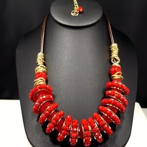 Red Crystal Necklace, Beaded Statement Choker Gold Accents, 22 Inches